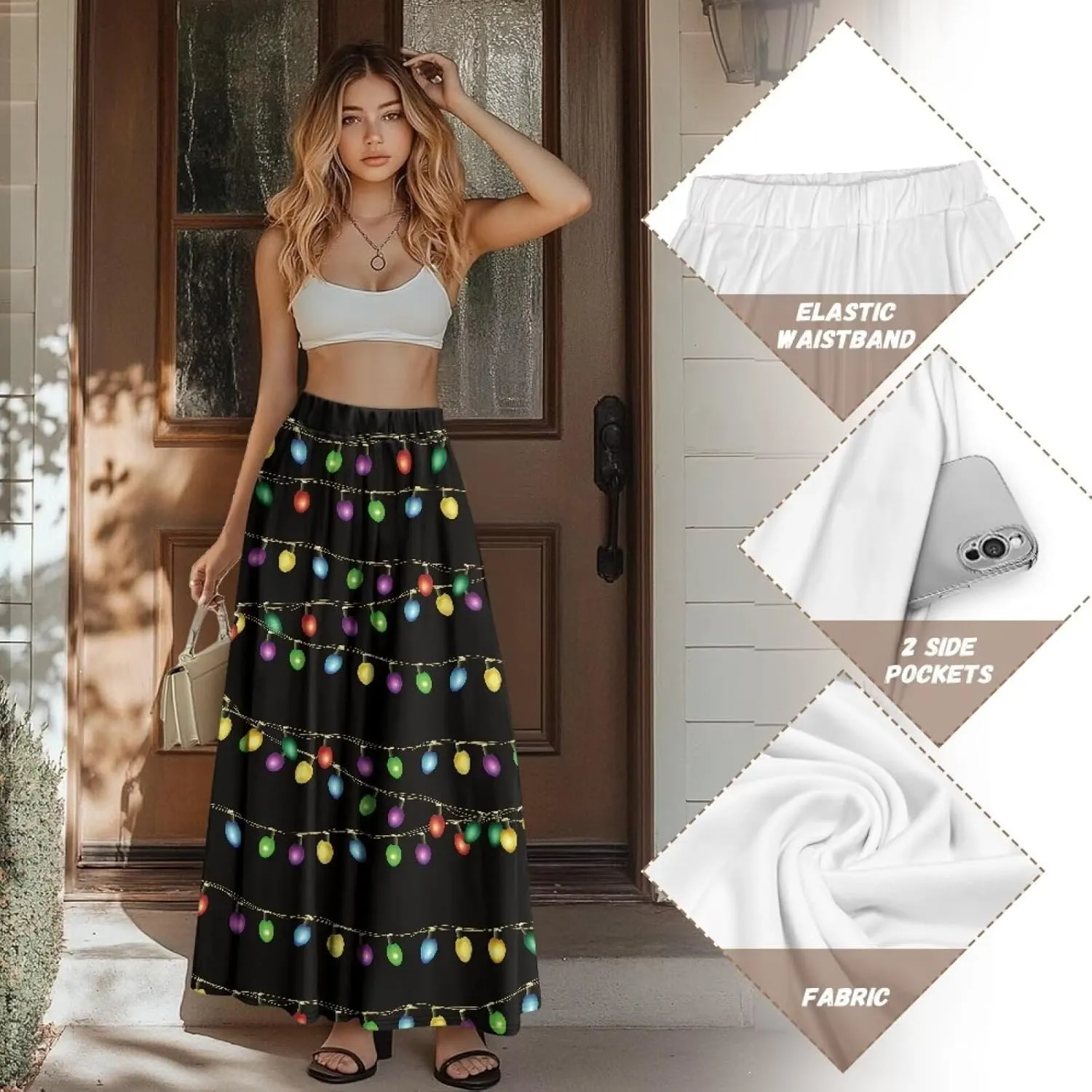 Pleated Skirt for Women Plus Size Casual High Waisted Skirt with Pockets Lightweight A-Line Long Length Skirt S-2XL
