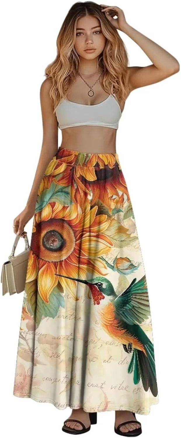 Pleated Skirt for Women Plus Size Casual High Waisted Skirt with Pockets Lightweight A-Line Long Length Skirt S-2XL