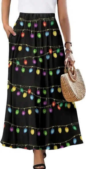 Pleated Skirt for Women Plus Size Casual High Waisted Skirt with Pockets Lightweight A-Line Long Length Skirt S-2XL