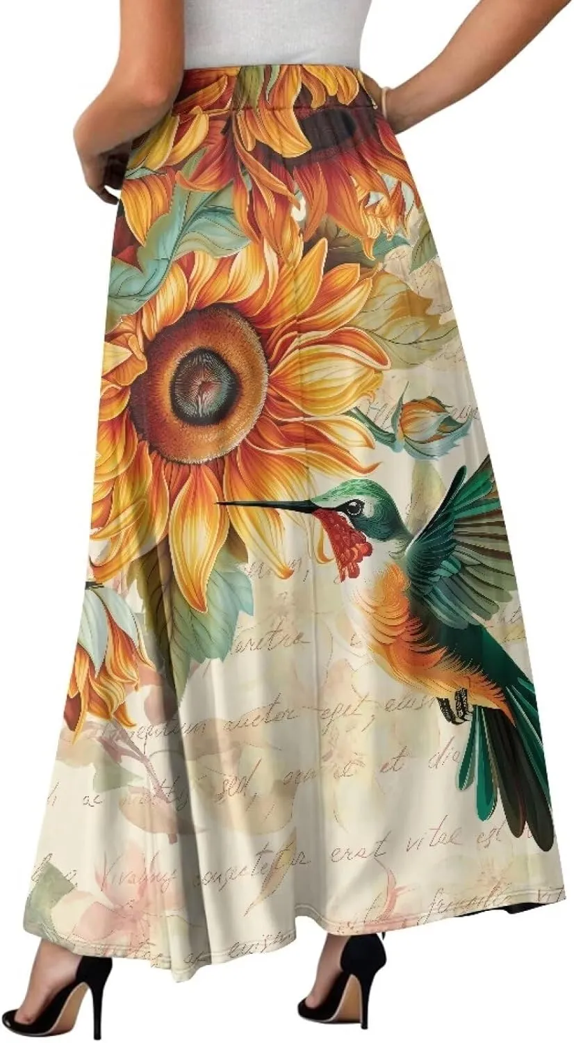 Pleated Skirt for Women Plus Size Casual High Waisted Skirt with Pockets Lightweight A-Line Long Length Skirt S-2XL