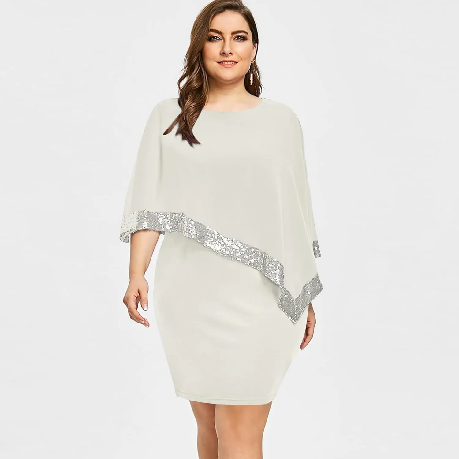 Plus Size Dresses for Curvy Women,2024 Trendy Irregular Chiffon Cape Wedding Guest Dress,Elegant Bodycon Midi Pencil Dress