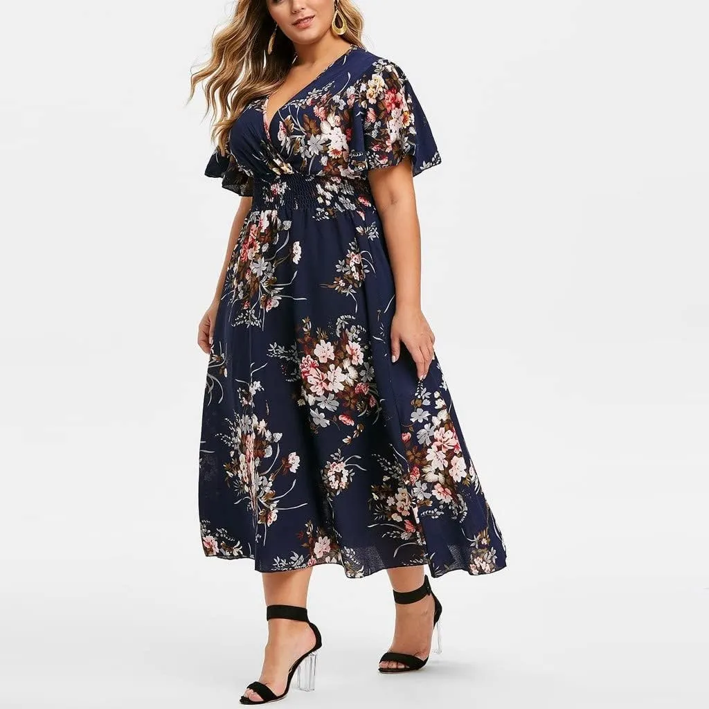 Plus Size Summer Dresses for Curvy Women Maxi Casual Chiffon Dress Flowy Long Boho Sundresses Sexy V Neck Wrap Dress