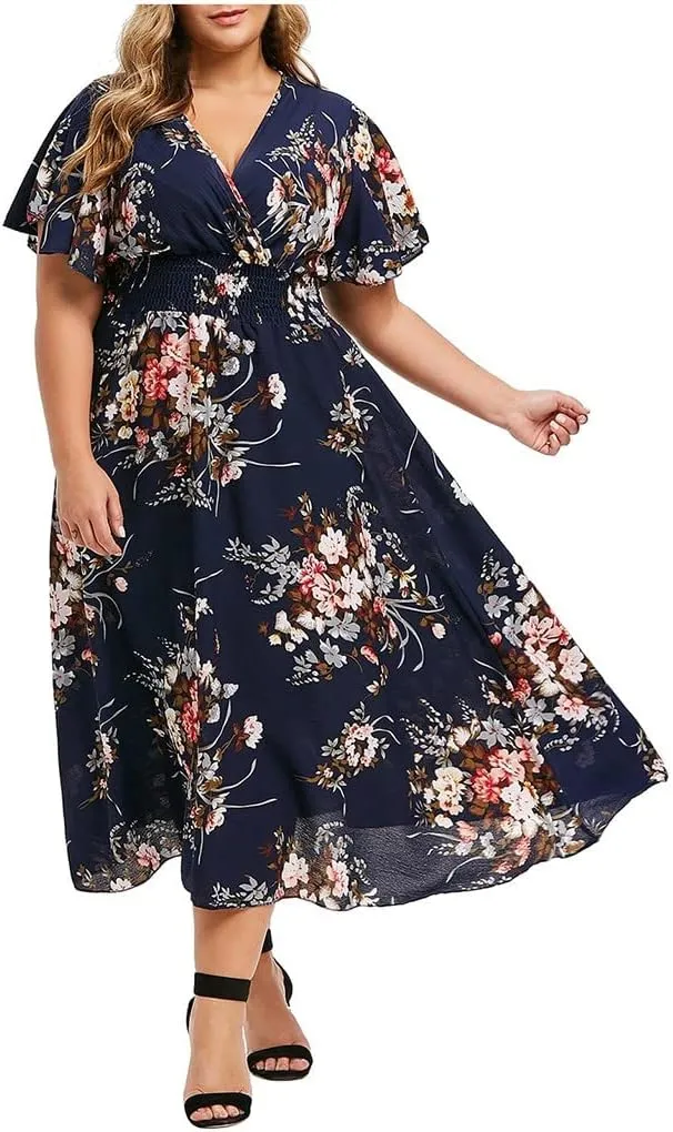 Plus Size Summer Dresses for Curvy Women Maxi Casual Chiffon Dress Flowy Long Boho Sundresses Sexy V Neck Wrap Dress