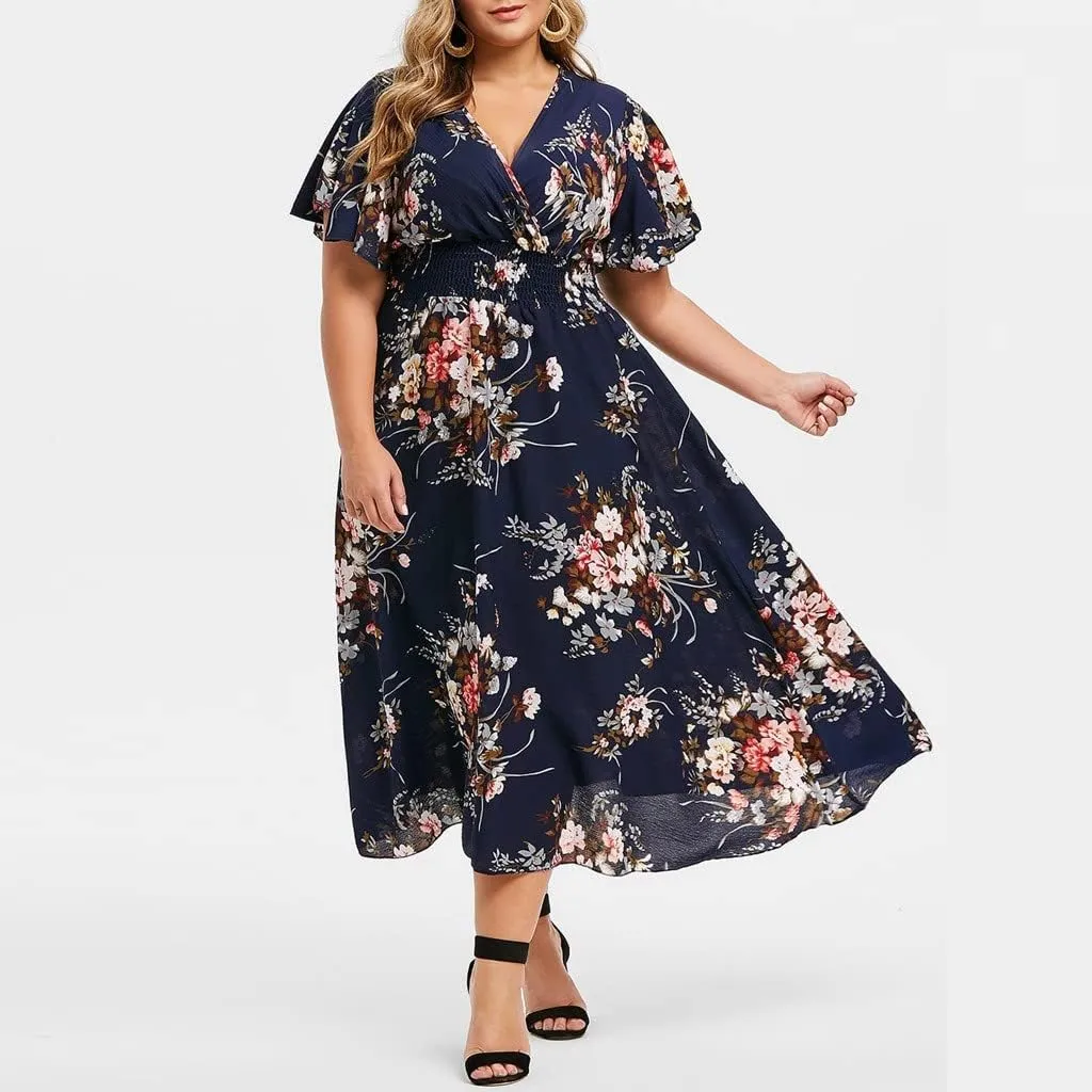 Plus Size Summer Dresses for Curvy Women Maxi Casual Chiffon Dress Flowy Long Boho Sundresses Sexy V Neck Wrap Dress