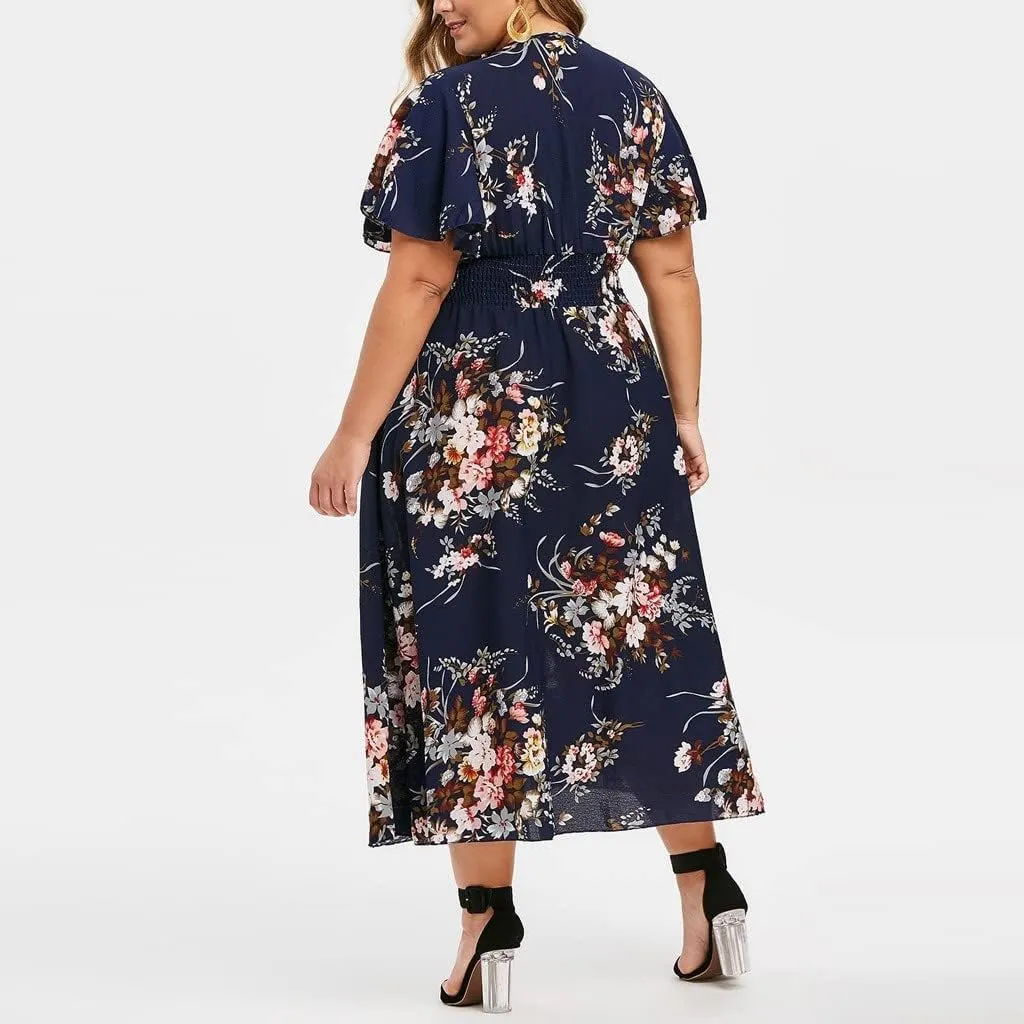 Plus Size Summer Dresses for Curvy Women Maxi Casual Chiffon Dress Flowy Long Boho Sundresses Sexy V Neck Wrap Dress