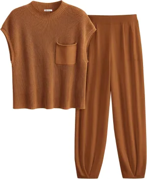 PRETTYGARDEN Womens Two Piece Outfits Sweater Sets Knit Pullover Tops And High Waisted Pants Matching Tracksuit Sweatsuit Set