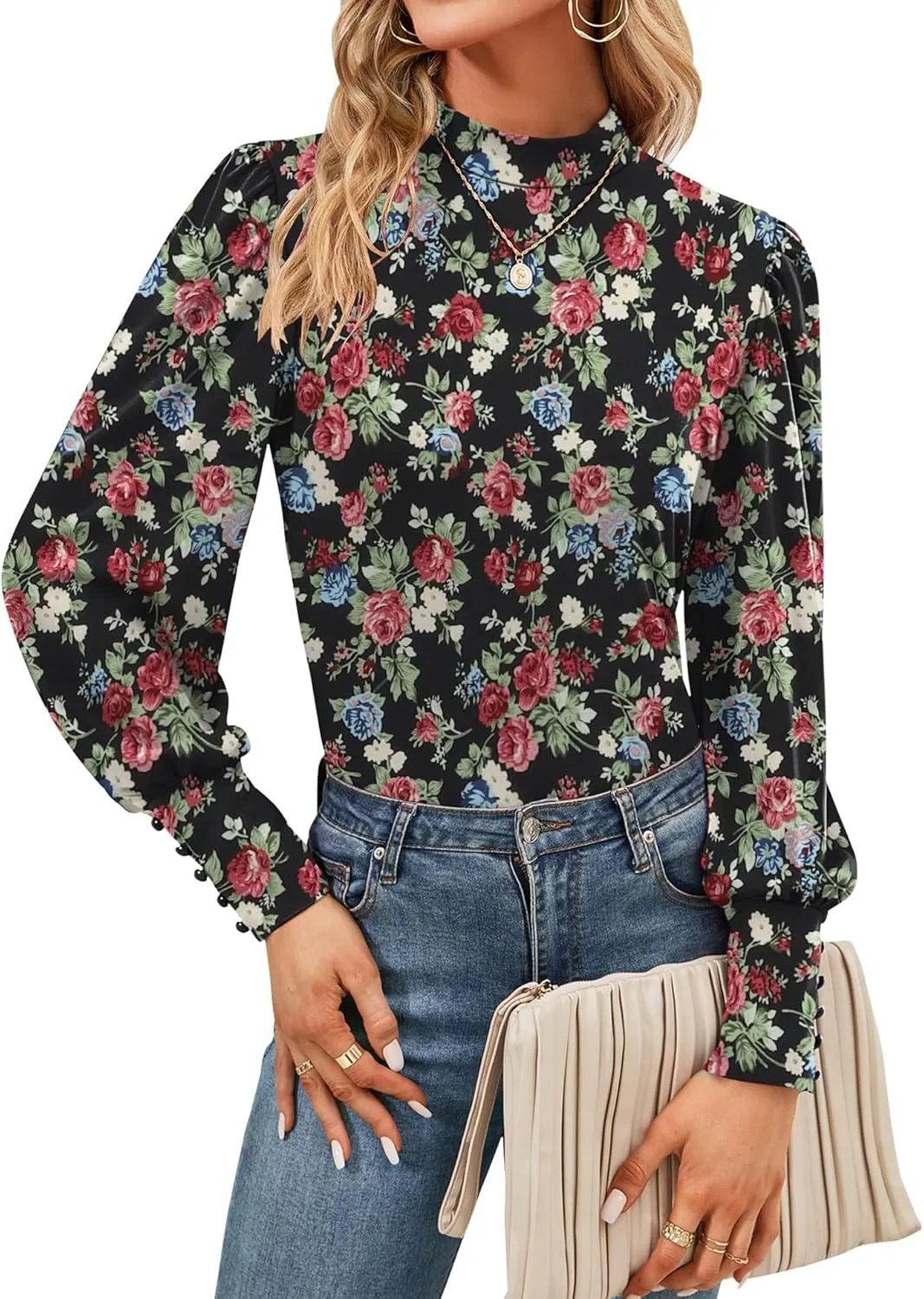 Qirno Womens Mock Neck Puff Long Sleeve Tops Casual Loose Solid Basic T Shirt Button Cuffs Pullovers Shirts Blouse