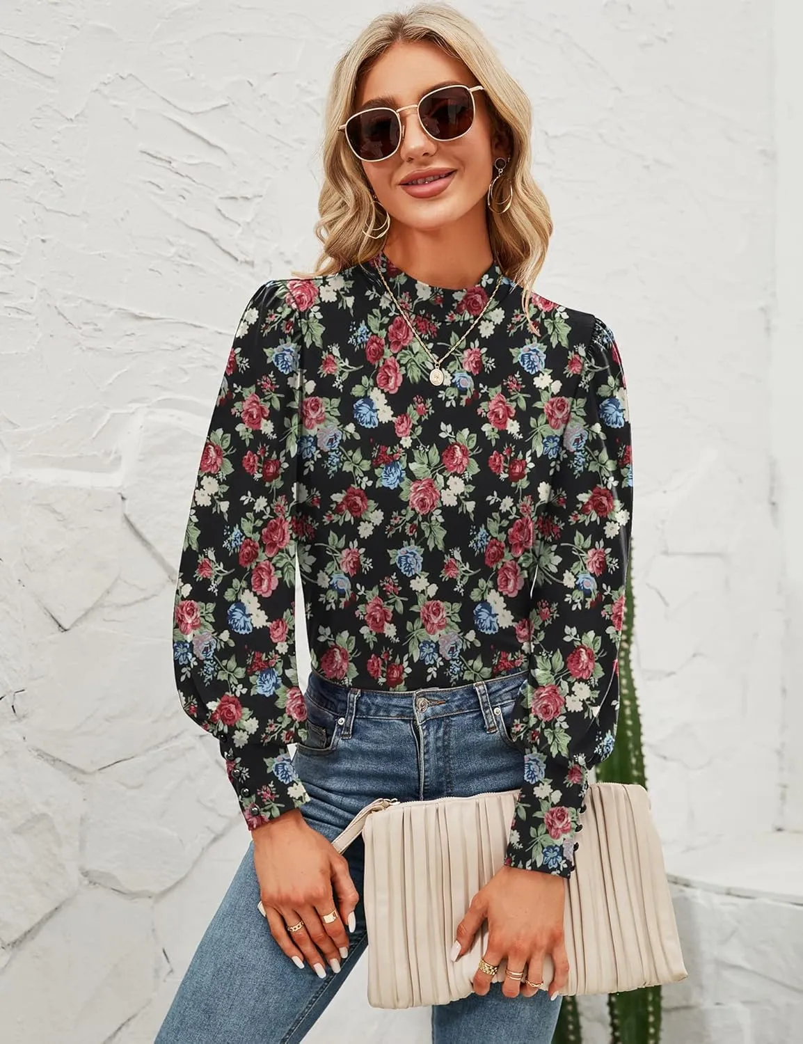 Qirno Womens Mock Neck Puff Long Sleeve Tops Casual Loose Solid Basic T Shirt Button Cuffs Pullovers Shirts Blouse