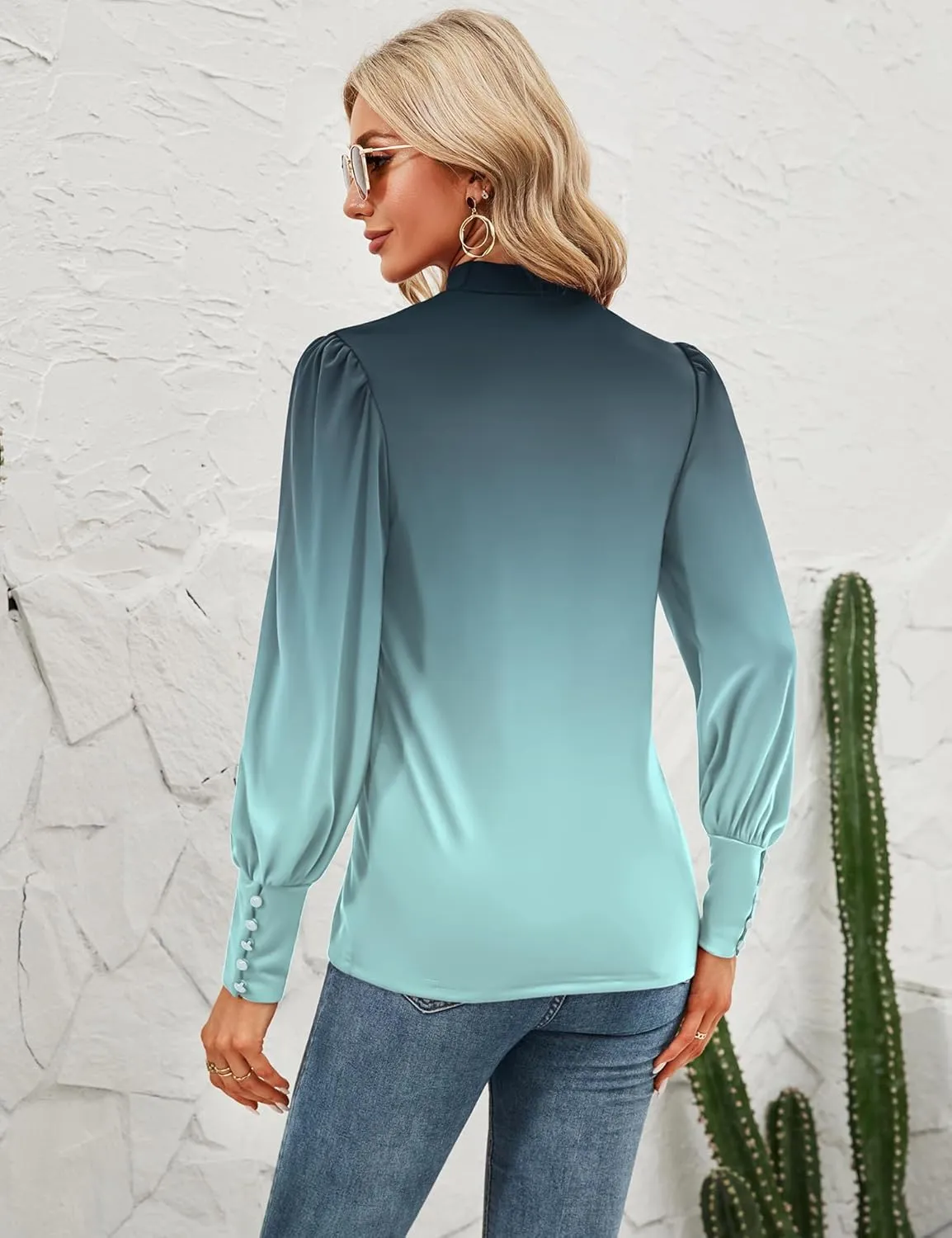 Qirno Womens Mock Neck Puff Long Sleeve Tops Casual Loose Solid Basic T Shirt Button Cuffs Pullovers Shirts Blouse