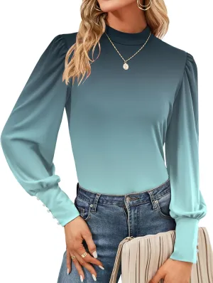 Qirno Womens Mock Neck Puff Long Sleeve Tops Casual Loose Solid Basic T Shirt Button Cuffs Pullovers Shirts Blouse