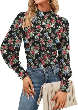 Qirno Womens Mock Neck Puff Long Sleeve Tops Casual Loose Solid Basic T Shirt Button Cuffs Pullovers Shirts Blouse