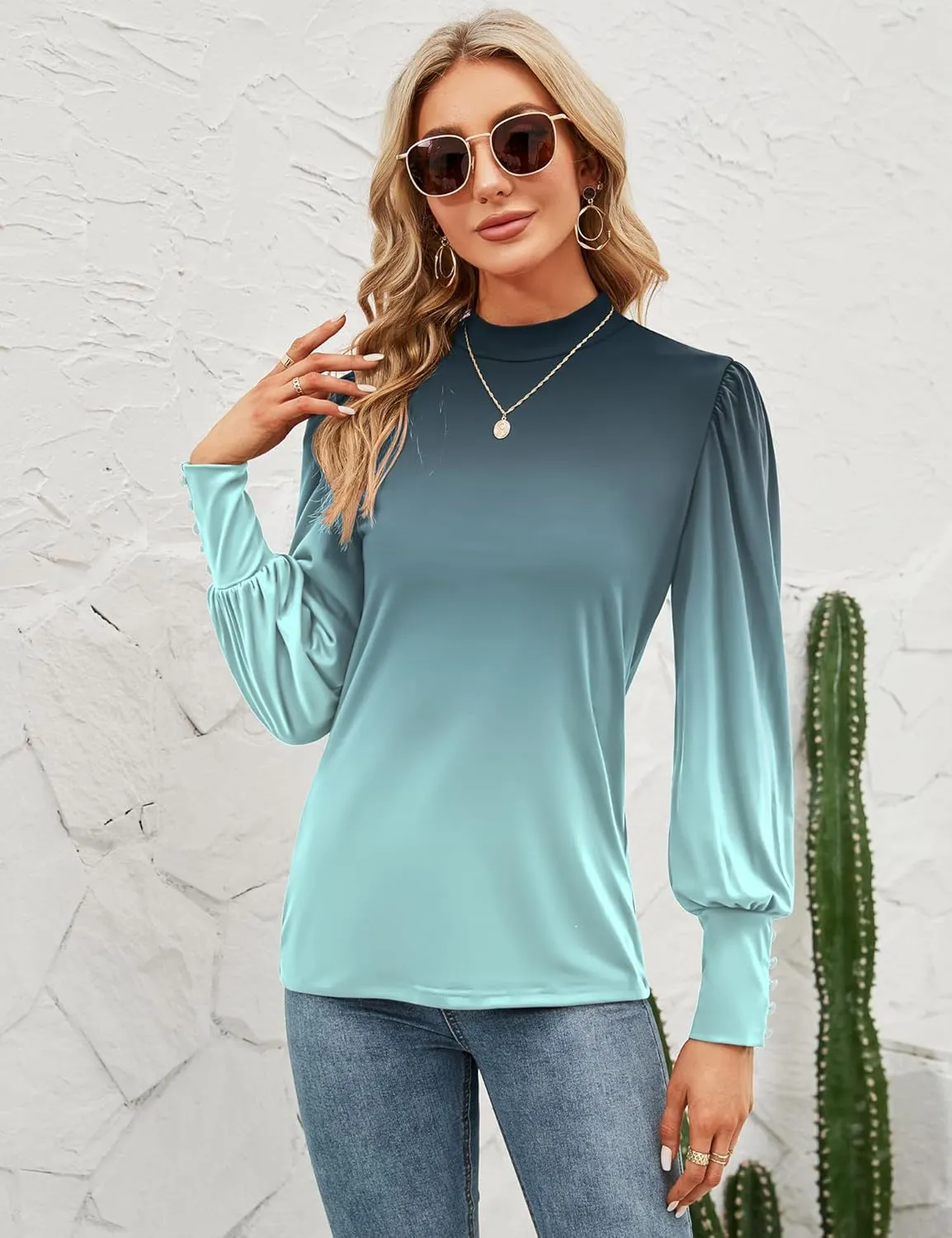 Qirno Womens Mock Neck Puff Long Sleeve Tops Casual Loose Solid Basic T Shirt Button Cuffs Pullovers Shirts Blouse