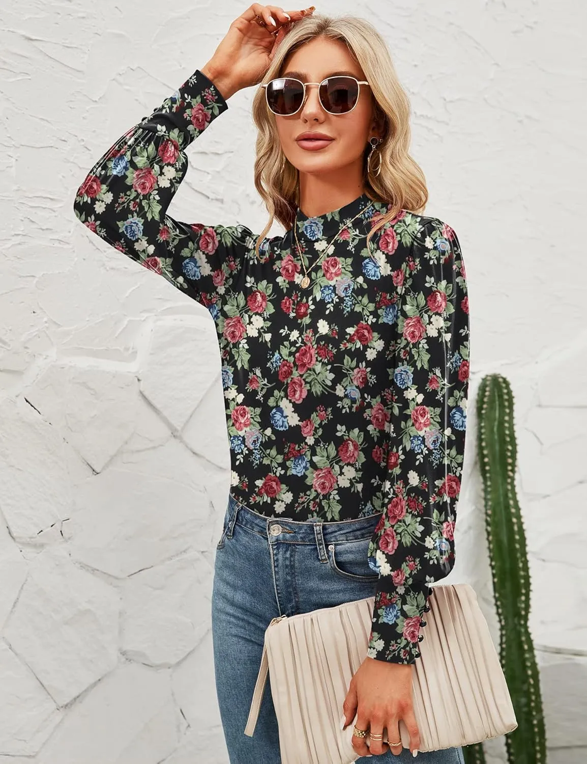 Qirno Womens Mock Neck Puff Long Sleeve Tops Casual Loose Solid Basic T Shirt Button Cuffs Pullovers Shirts Blouse