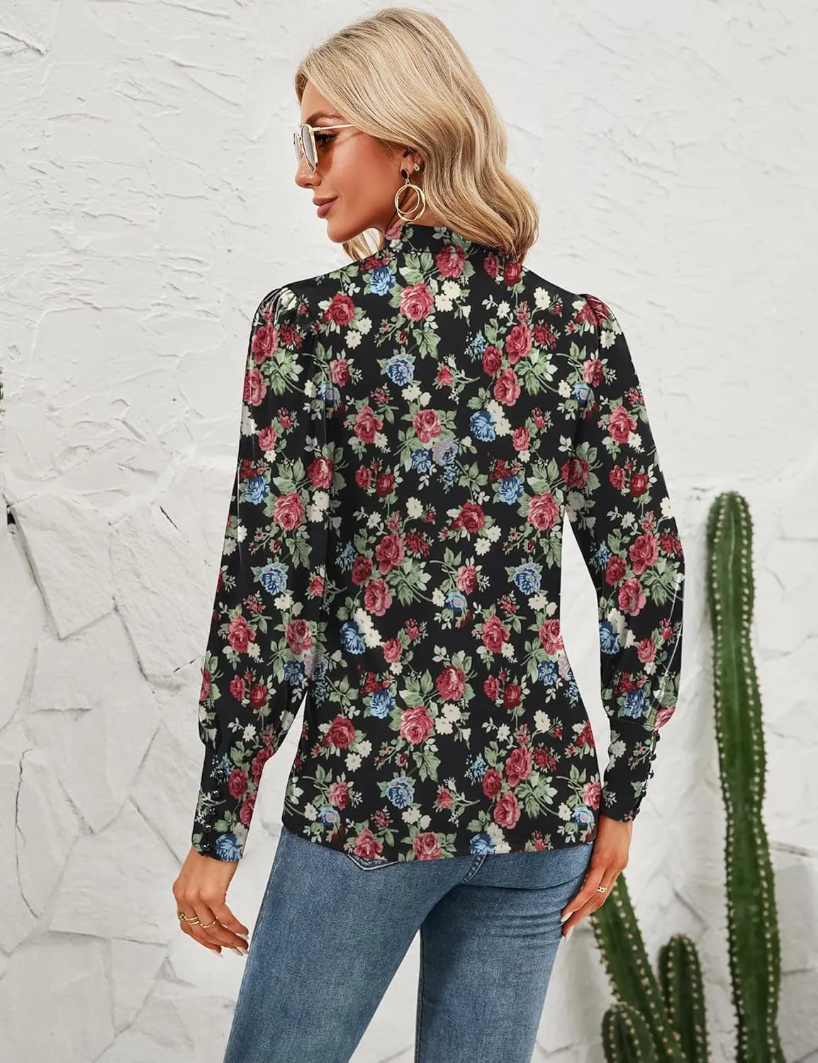 Qirno Womens Mock Neck Puff Long Sleeve Tops Casual Loose Solid Basic T Shirt Button Cuffs Pullovers Shirts Blouse