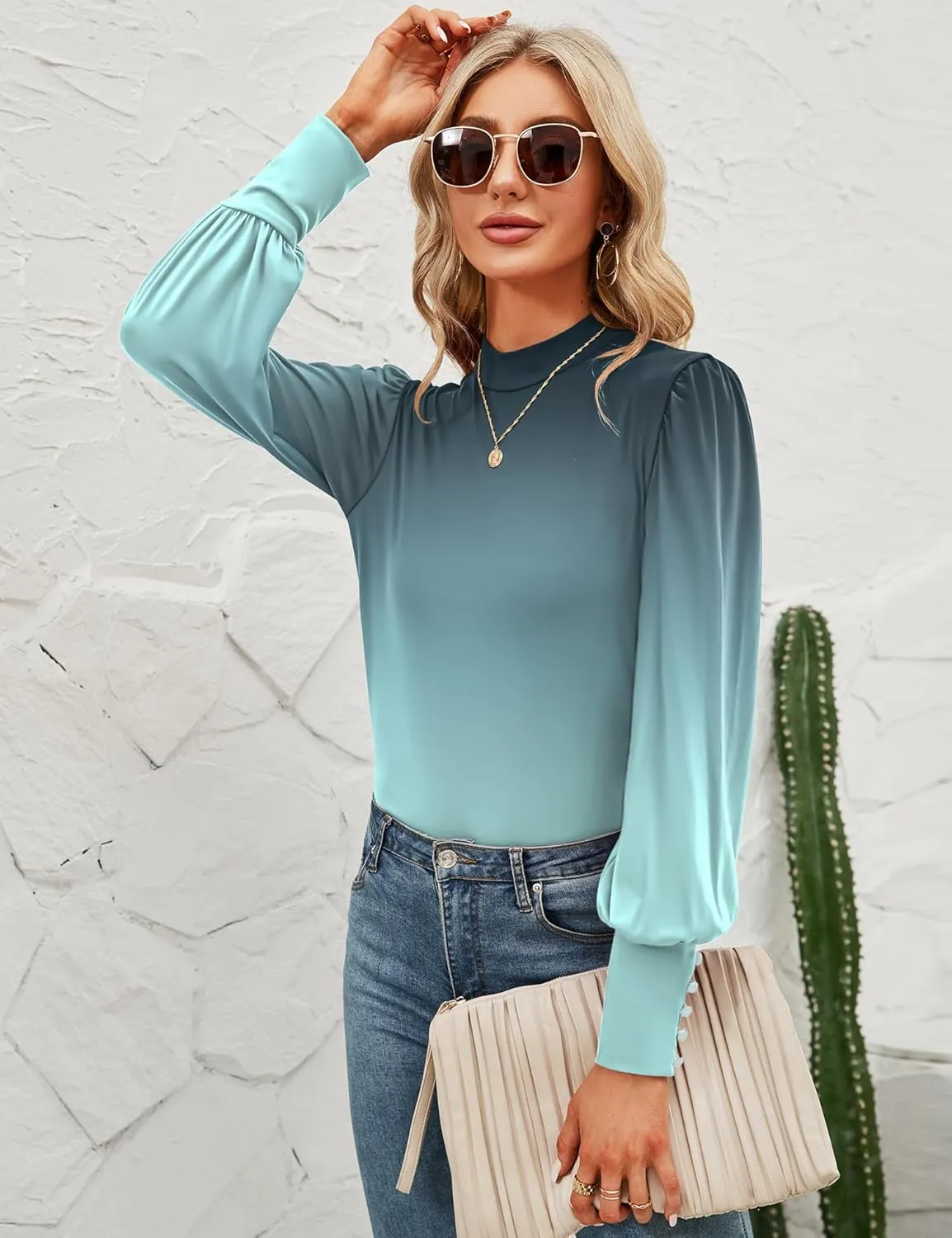 Qirno Womens Mock Neck Puff Long Sleeve Tops Casual Loose Solid Basic T Shirt Button Cuffs Pullovers Shirts Blouse