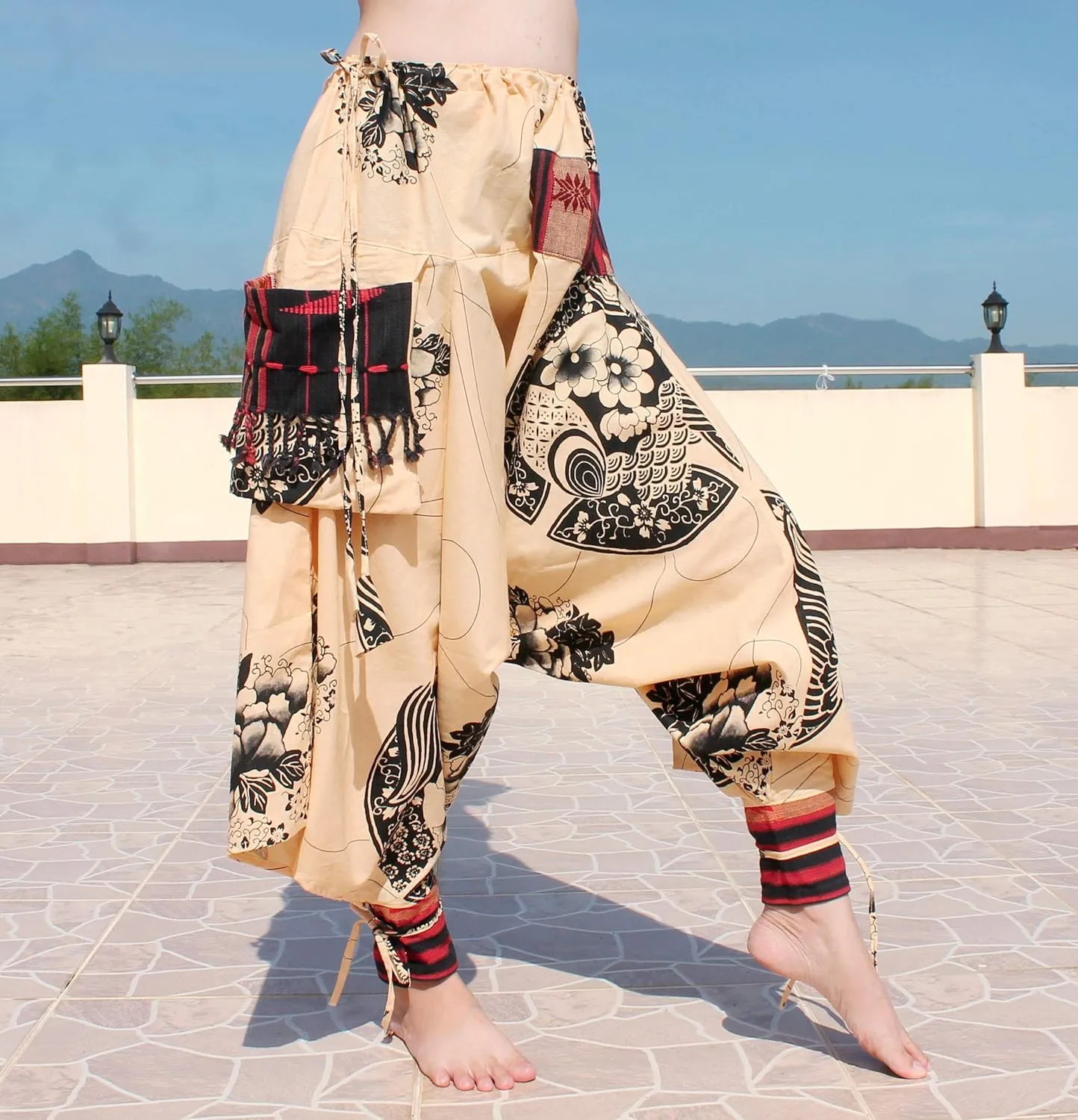 RaanPahMuang Japanese Formal Edo Courtesan Pants with Tied Cuffs and Woven Patches