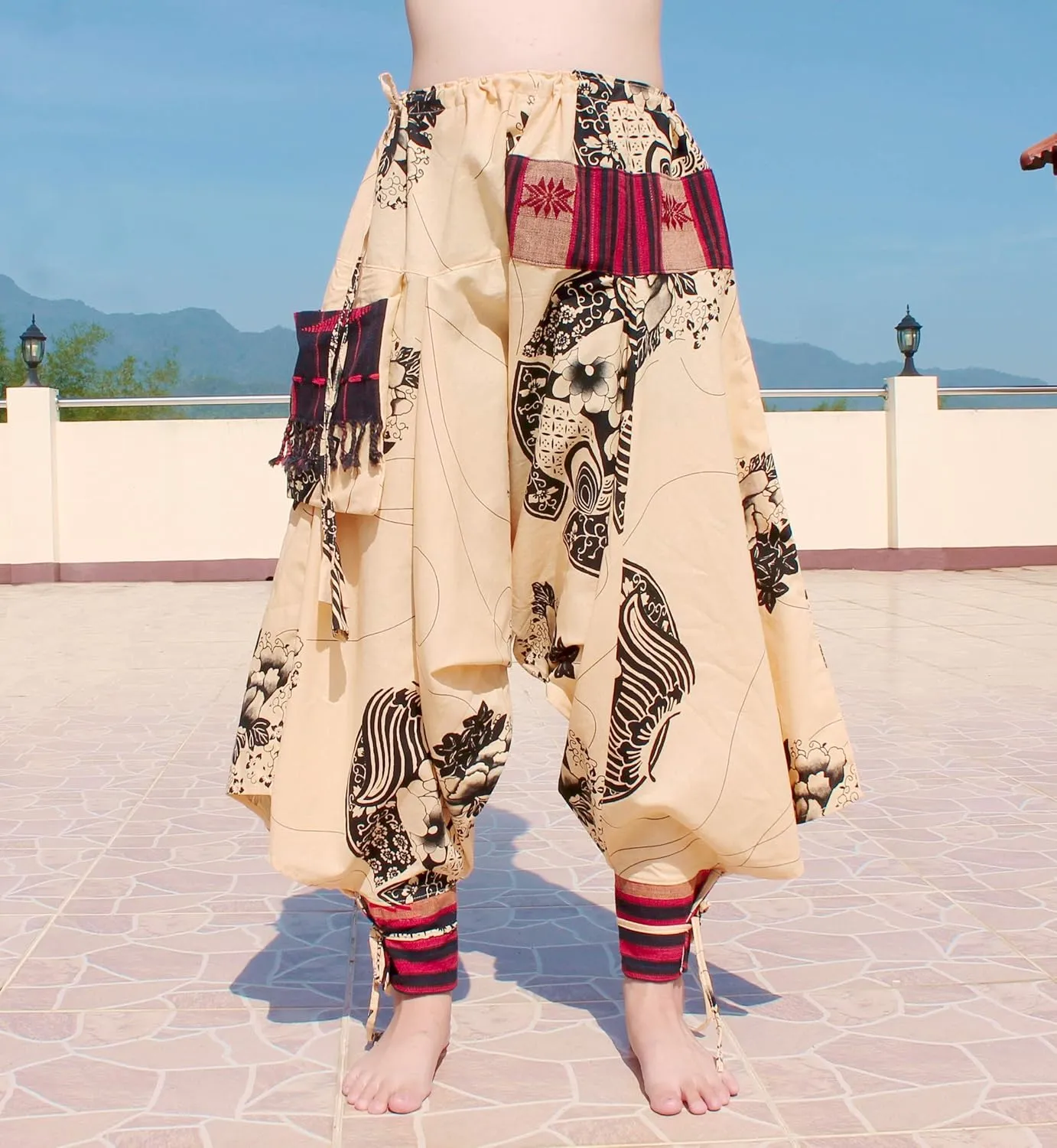 RaanPahMuang Japanese Formal Edo Courtesan Pants with Tied Cuffs and Woven Patches
