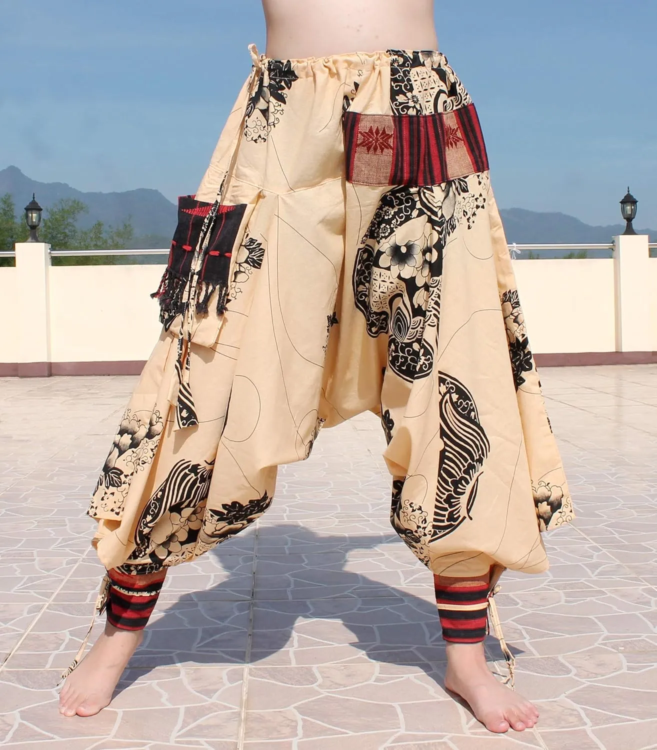 RaanPahMuang Japanese Formal Edo Courtesan Pants with Tied Cuffs and Woven Patches