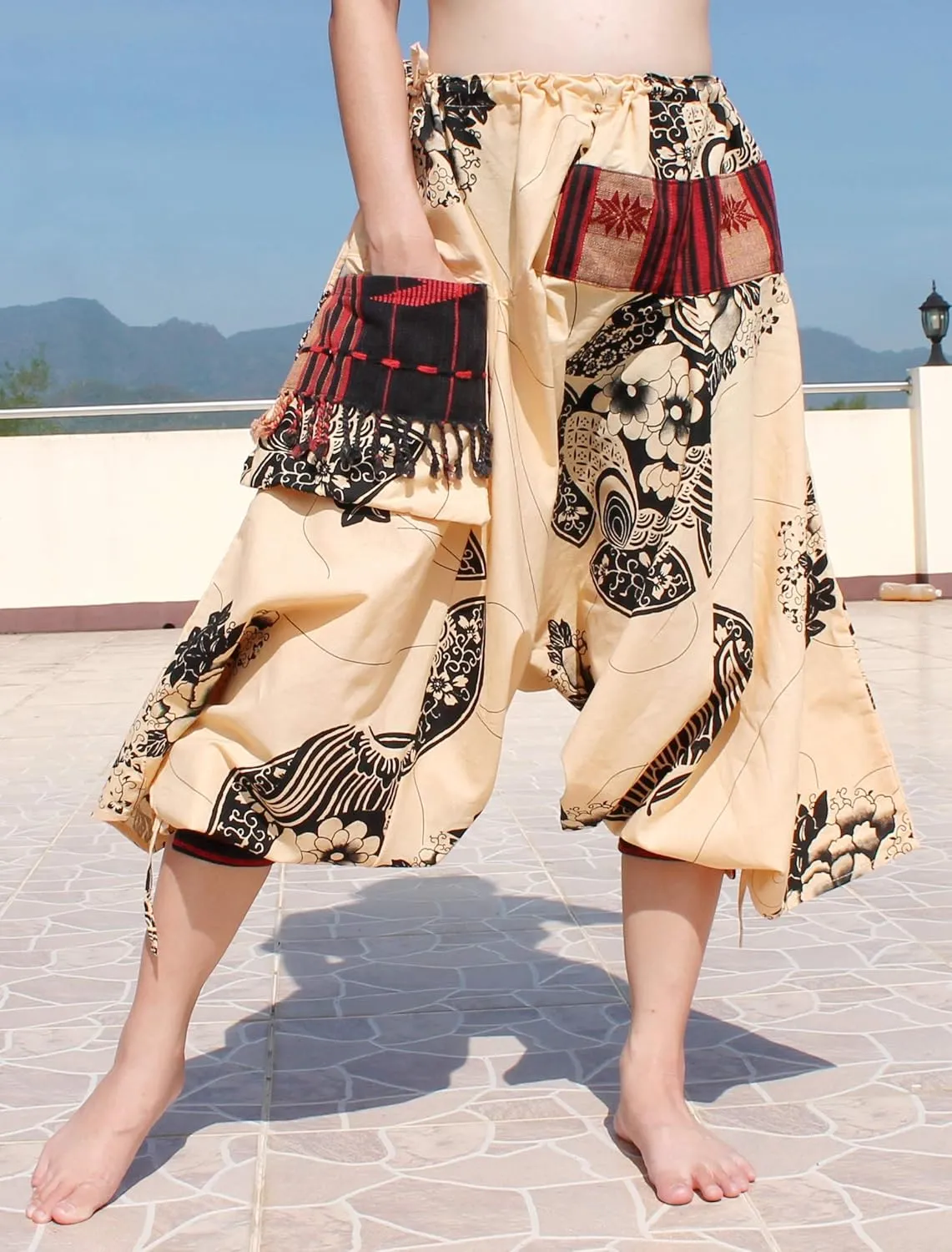 RaanPahMuang Japanese Formal Edo Courtesan Pants with Tied Cuffs and Woven Patches