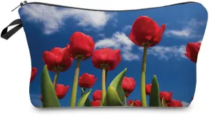 Red Tulip Floral Makeup Bag Cute Small Organizer Bag Travel Toiletry Zipper Pouch Red Tulip Floral Cosmetic Bag Floral Gift for Tulip Lovers Women Friends