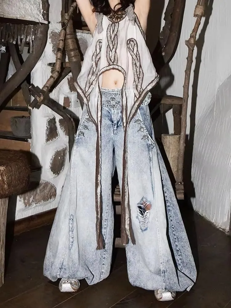 Retro Denim Lantern Pants for Women High Waist Hole Trousers Y2k Baggy Ripped Jean Pants Wide Leg Jeans