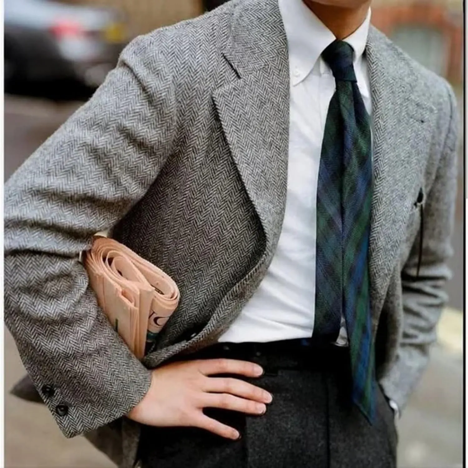 Retro Mens Suit Herringbone Tweed Slim Fit 2 Piece Formal Dress Suits Groomsmen Tuxedos Set Prom Jacket Blazer Pants for Men