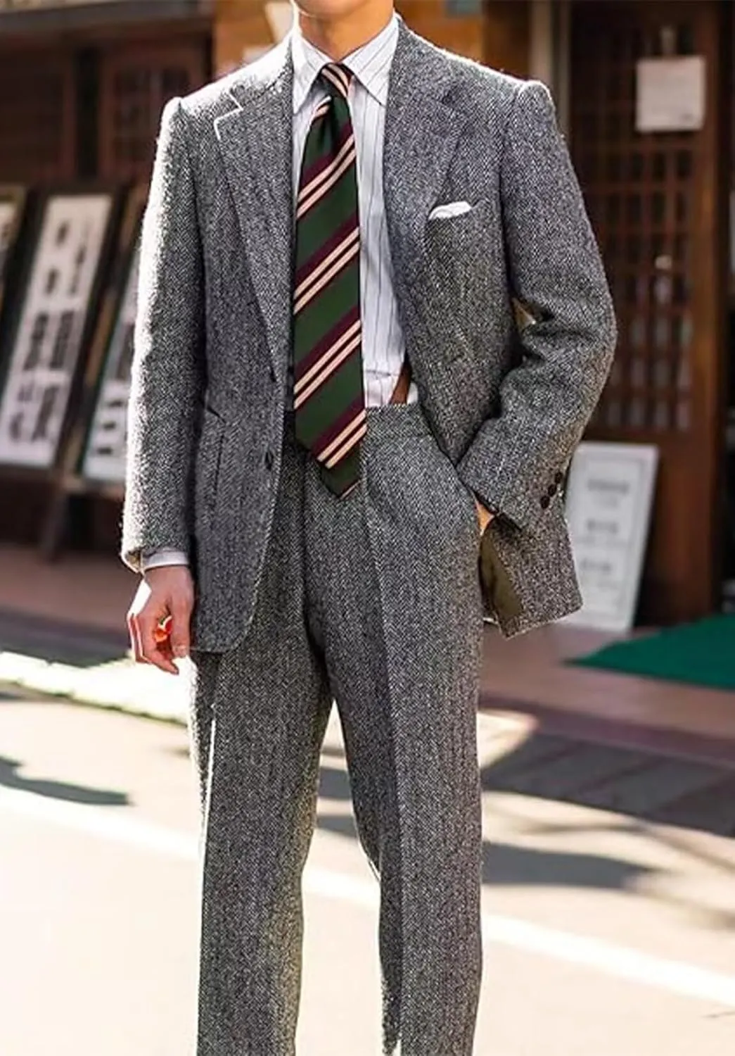 Retro Mens Suit Herringbone Tweed Slim Fit 2 Piece Formal Dress Suits Groomsmen Tuxedos Set Prom Jacket Blazer Pants for Men
