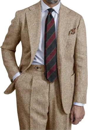 Retro Mens Suit Herringbone Tweed Slim Fit 2 Piece Formal Dress Suits Groomsmen Tuxedos Set Prom Jacket Blazer Pants for Men