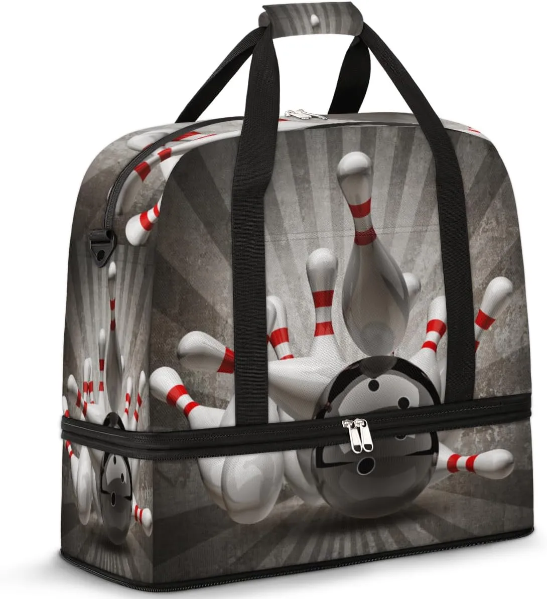 Retro Sport Bowling Balls Travel Duffle Bag, Large Sports Gym Bag with Shoe Compartment, Waterproof Carry on Tote Bag, Foldable Weekender Overnight Bag for Women Men