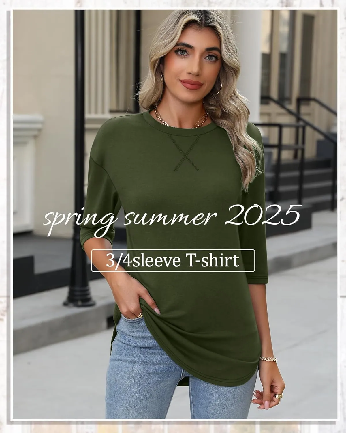 Riyiper 3 Pack Women's 3/4 Sleeve Tunic Tops Cotton Round Neck Loose Elbow Shirts Summer Curved Hem Side Split Blouse