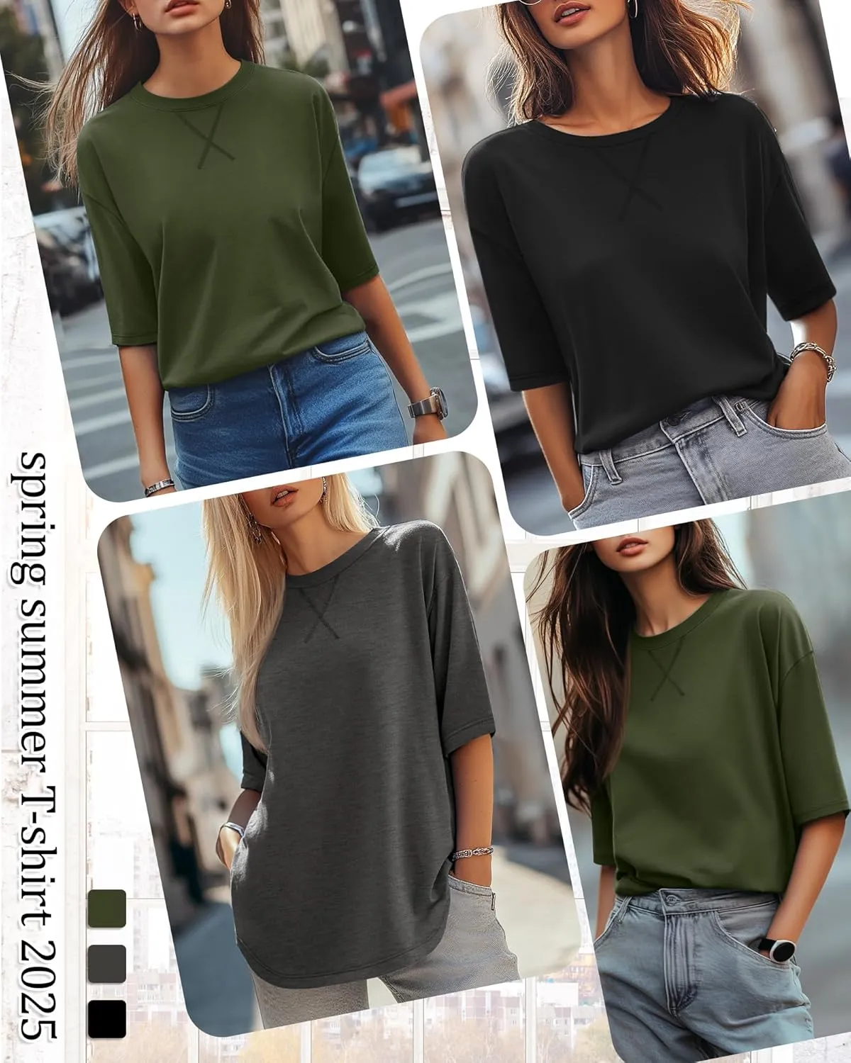 Riyiper 3 Pack Women's 3/4 Sleeve Tunic Tops Cotton Round Neck Loose Elbow Shirts Summer Curved Hem Side Split Blouse