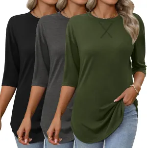 Riyiper 3 Pack Women's 3/4 Sleeve Tunic Tops Cotton Round Neck Loose Elbow Shirts Summer Curved Hem Side Split Blouse