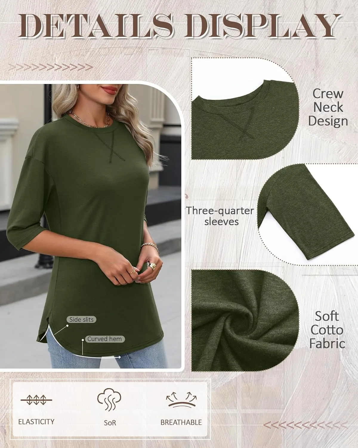 Riyiper 3 Pack Women's 3/4 Sleeve Tunic Tops Cotton Round Neck Loose Elbow Shirts Summer Curved Hem Side Split Blouse
