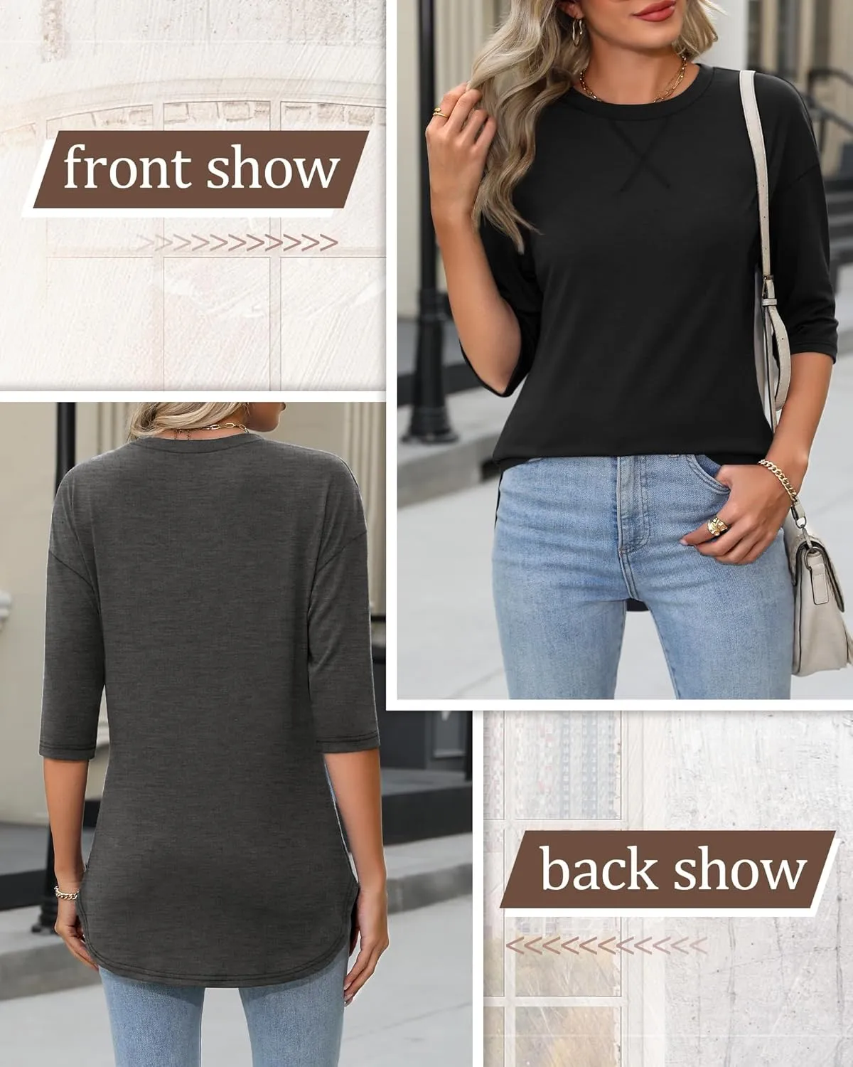 Riyiper 3 Pack Women's 3/4 Sleeve Tunic Tops Cotton Round Neck Loose Elbow Shirts Summer Curved Hem Side Split Blouse