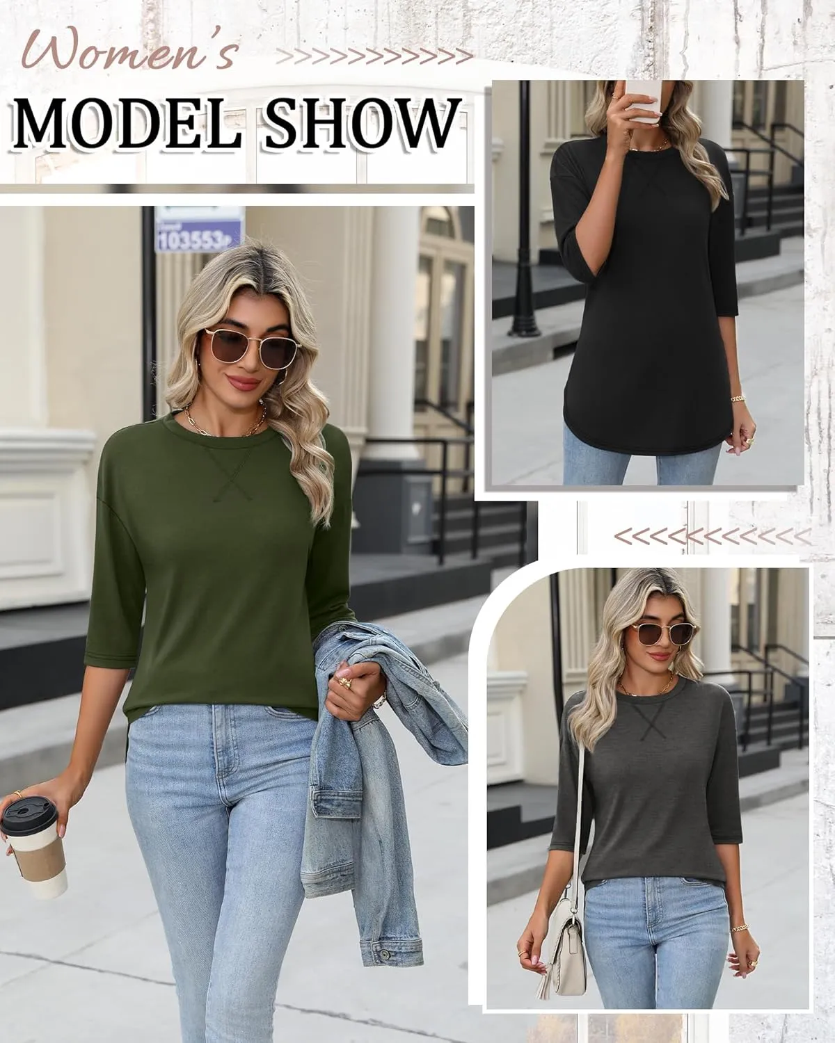 Riyiper 3 Pack Women's 3/4 Sleeve Tunic Tops Cotton Round Neck Loose Elbow Shirts Summer Curved Hem Side Split Blouse