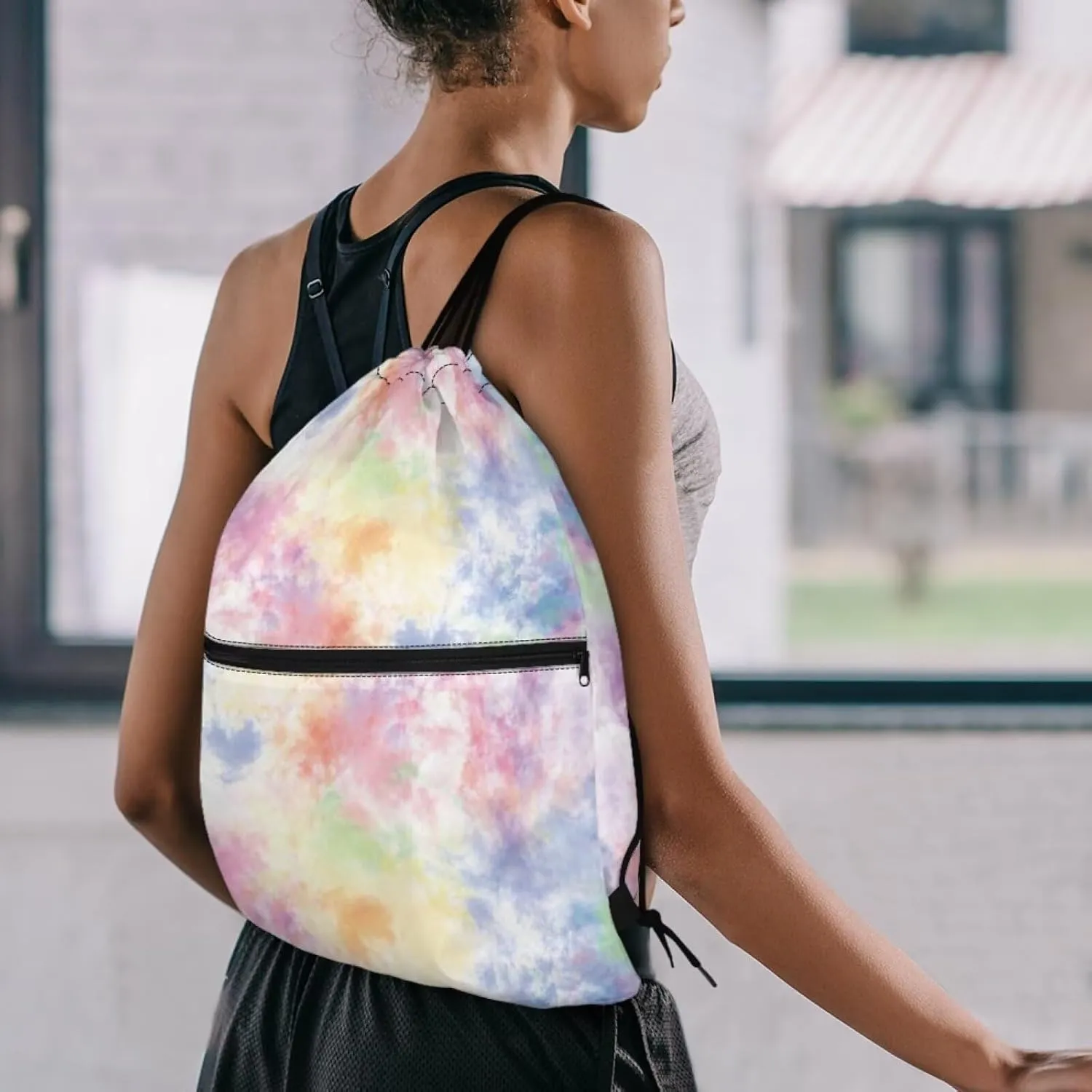 Rnyleeg Tie Dye Drawstring Bag for Women Girls Novelty Portable Shoulder Bag for Sports Gym Dance Swim Casual Sackpack