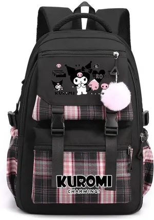 Roffatide Anime Kuromi Print Business Casual Laptop Shoulders Backpack Hiking Travel Rucksack Daypacks 17 Inch Black N (With Cute Pendants)