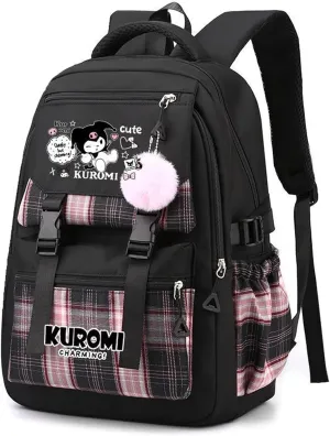 Roffatide Anime Kuromi Print Business Casual Laptop Shoulders Backpack Hiking Travel Rucksack Daypacks 17 Inch Black O (With Cute Pendants)