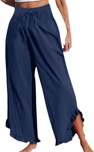 Ruffle Flowy Pants for Women Linen Pants Wide Leg High Waisted Summer Beach Cropped Lightweight Trousers