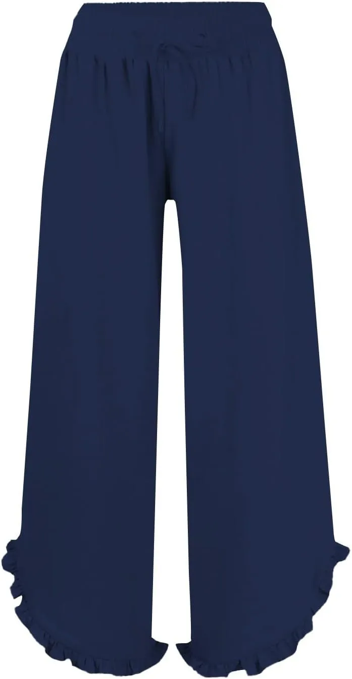 Ruffle Flowy Pants for Women Linen Pants Wide Leg High Waisted Summer Beach Cropped Lightweight Trousers