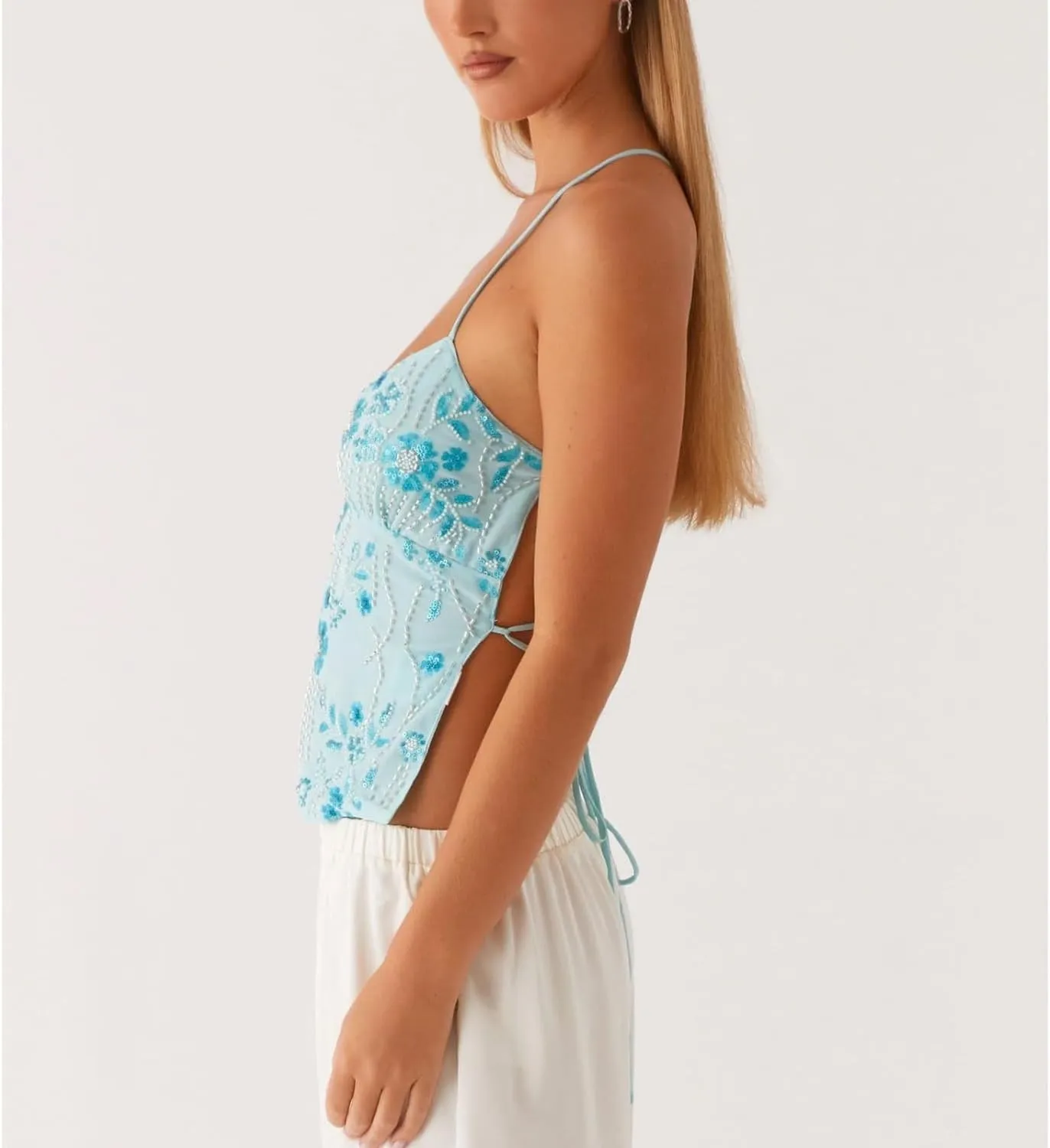 SAFRISIOR Women Y2K Floral Sequin Cami Top Sexy Sparkle Tank V Neck Open Back Cute Criss Cross Straps Halter Crop Tops
