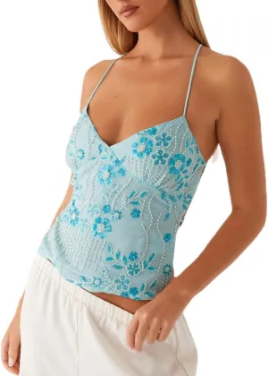 SAFRISIOR Women Y2K Floral Sequin Cami Top Sexy Sparkle Tank V Neck Open Back Cute Criss Cross Straps Halter Crop Tops