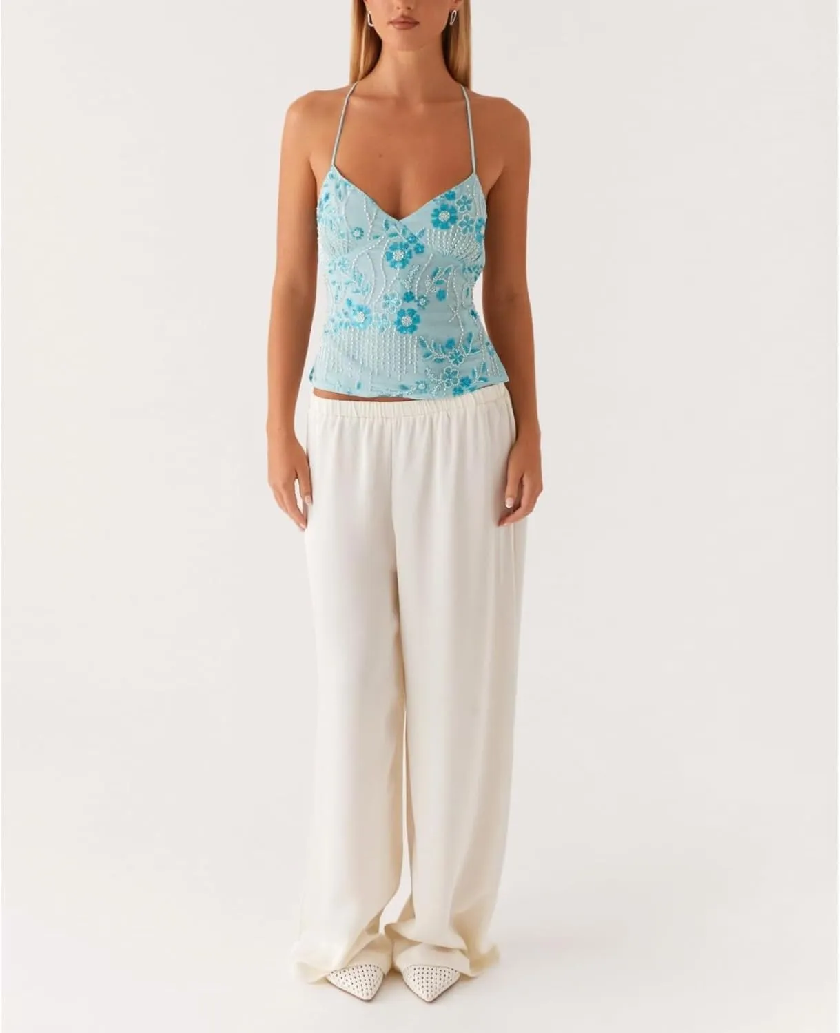 SAFRISIOR Women Y2K Floral Sequin Cami Top Sexy Sparkle Tank V Neck Open Back Cute Criss Cross Straps Halter Crop Tops
