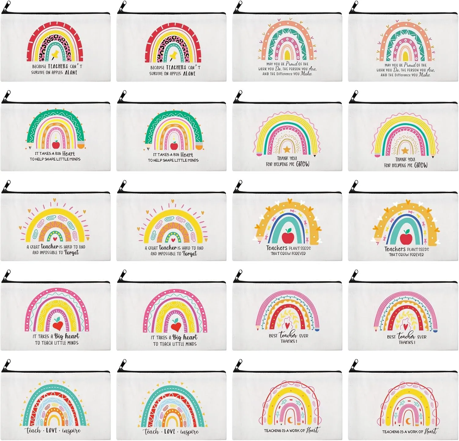 Saintrygo 20 Pieces Teacher Gifts Makeup Bags Bulk Canvas Survival Kit Cosmetic Bag Zippered Pencil Case Appreciation Gifts Travel Toiletry Pouch for Graduation Teachers Day(Rainbow)