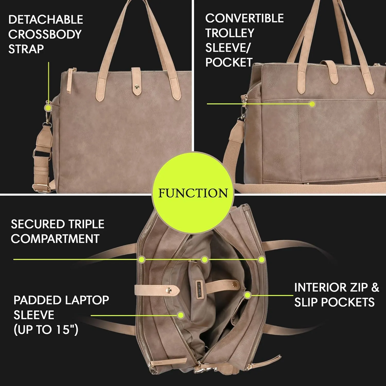 Sasha   Sofi Heather Tote | Triple Compartment Tote Bag for Women | Vegan Leather bag with crossbody strap |