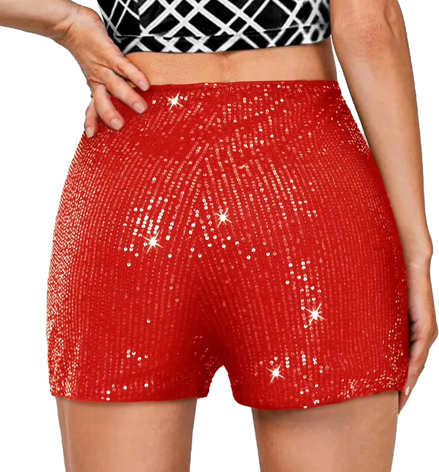 Sequin Shorts for Women High Waist Elastic Sparkly Straight Leg Short Glitter Sparkle Hot Pants Solid Party Black