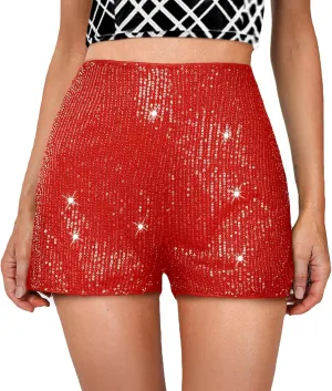 Sequin Shorts for Women High Waist Elastic Sparkly Straight Leg Short Glitter Sparkle Hot Pants Solid Party Black