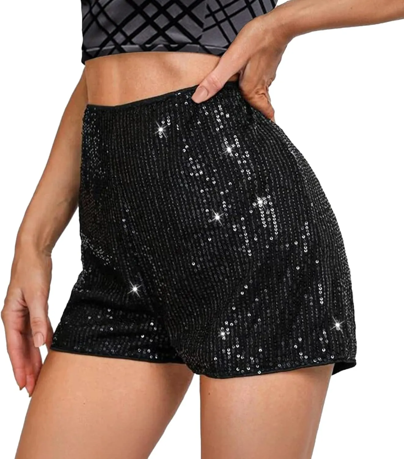 Sequin Shorts for Women High Waist Elastic Sparkly Straight Leg Short Glitter Sparkle Hot Pants Solid Party Black