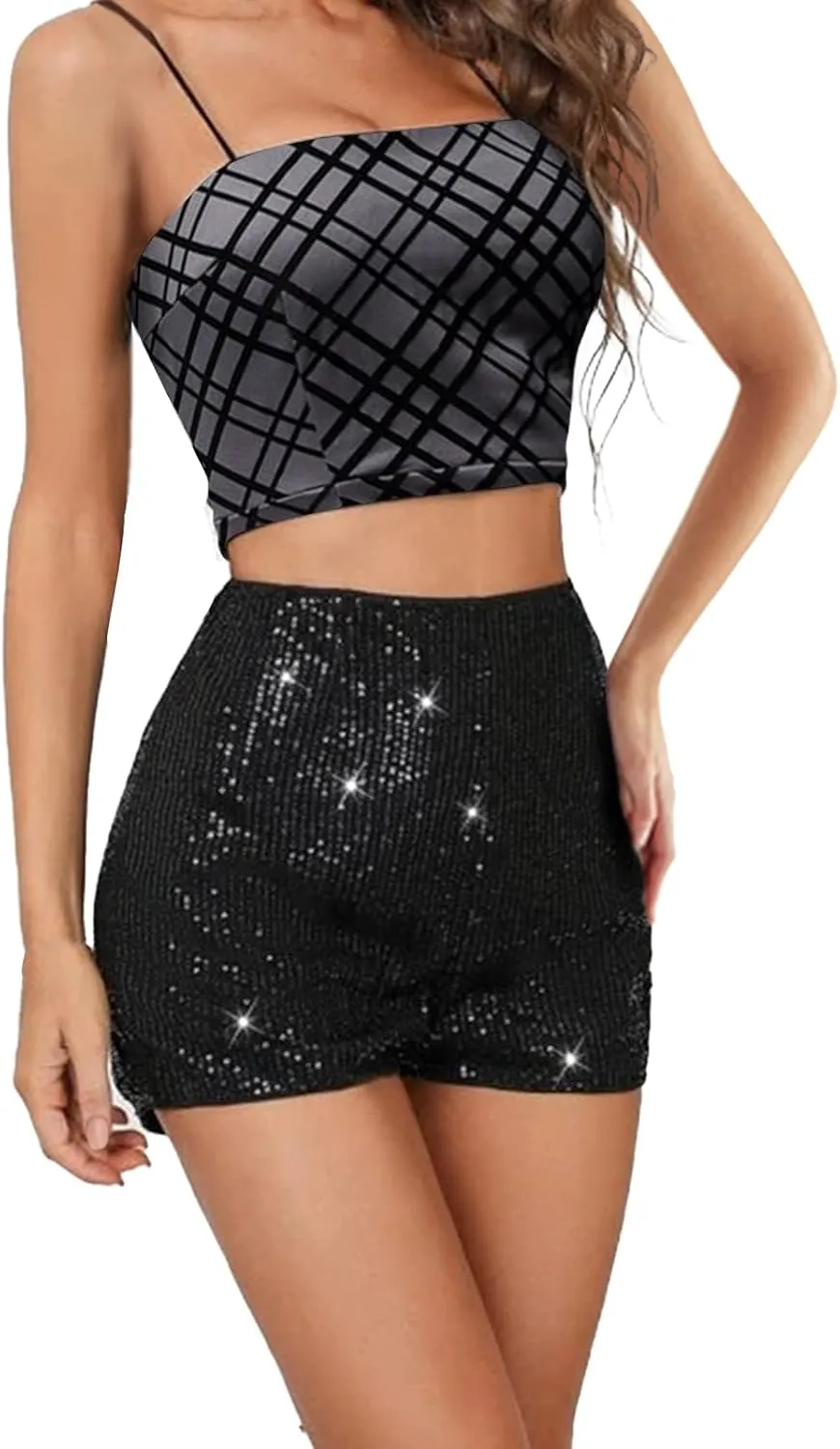 Sequin Shorts for Women High Waist Elastic Sparkly Straight Leg Short Glitter Sparkle Hot Pants Solid Party Black
