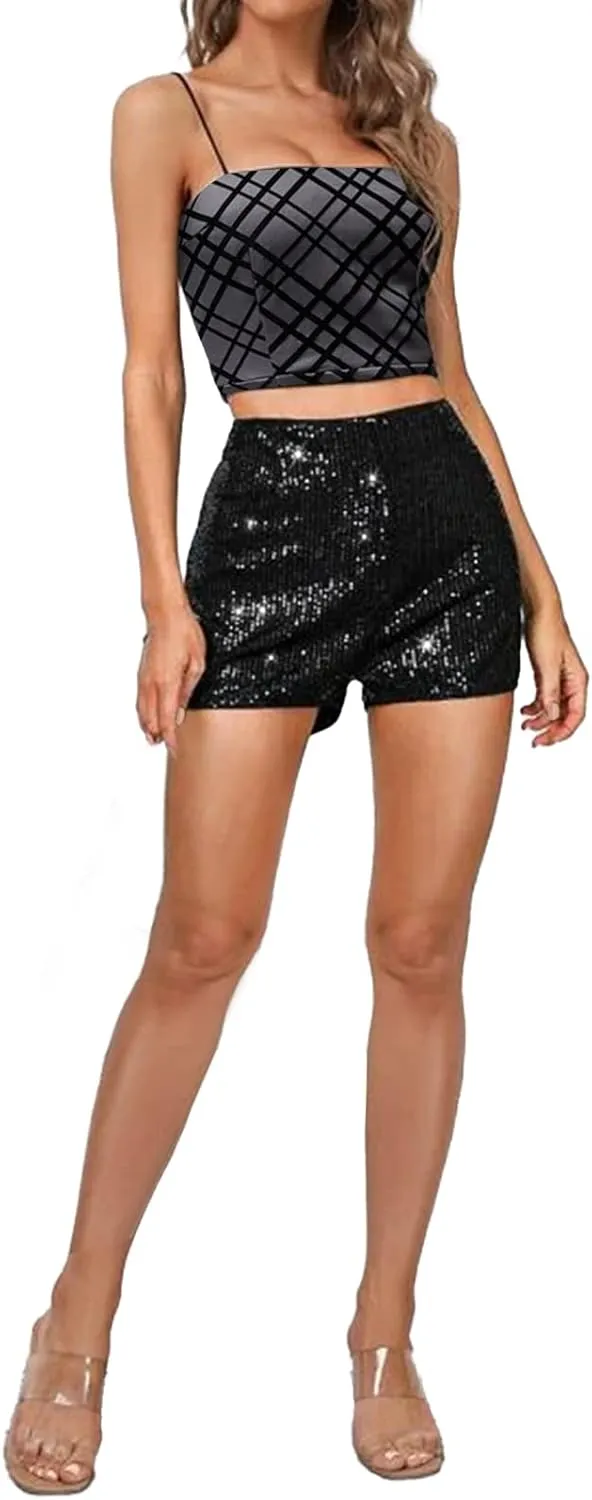 Sequin Shorts for Women High Waist Elastic Sparkly Straight Leg Short Glitter Sparkle Hot Pants Solid Party Black